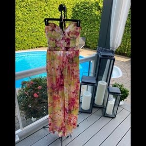 Custom watercolour floral tie dye bustier satin maxi dress gown size 2-4